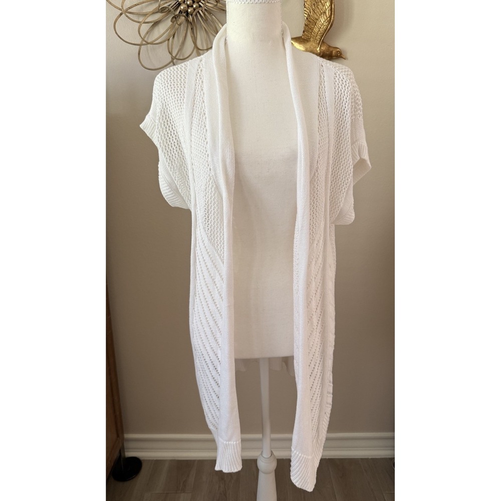 Tahari White Open Front Knit Cardigan Vest Duster Long Sweater Womens L XL